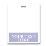 An Oversized Custom Printed Horizontal XL Badge Buddy (Extra Large Size) features a rectangular white design with space for text at the top, and a purple section at the bottom displaying "YOUR TEXT HERE" in white.