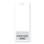 A white name badge with a rectangular shape and a small slot at the top for a lanyard. The bottom section features a gray area with the placeholder text "YOUR TEXT HERE." Perfect for Oversized Custom Vertical Badge Buddy XL- (Extra Large Size) to suit any professional setting.
