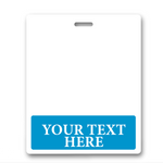 Oversized Custom Printed Horizontal XL Badge Buddy (Extra Large Size) extra-large horizontal custom printed badge buddy with a blue label at the bottom displaying the text "YOUR TEXT HERE." A slot at the top suggests it is meant for hanging or attaching to a lanyard, perfect for ID badge recognition.