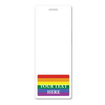 Oversized Custom Vertical Badge Buddy XL- (Extra Large Size) with a slot on top, featuring a rainbow-striped area at the bottom with the placeholder text "YOUR TEXT HERE" in green letters.