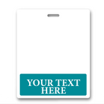 A white, blank Oversized Custom Printed Horizontal XL Badge Buddy (Extra Large Size) with a teal section at the bottom containing the placeholder text "YOUR TEXT HERE." The badge has a slot at the top for attaching a lanyard, ideal for custom badge buddies and ensuring easy ID badge recognition.