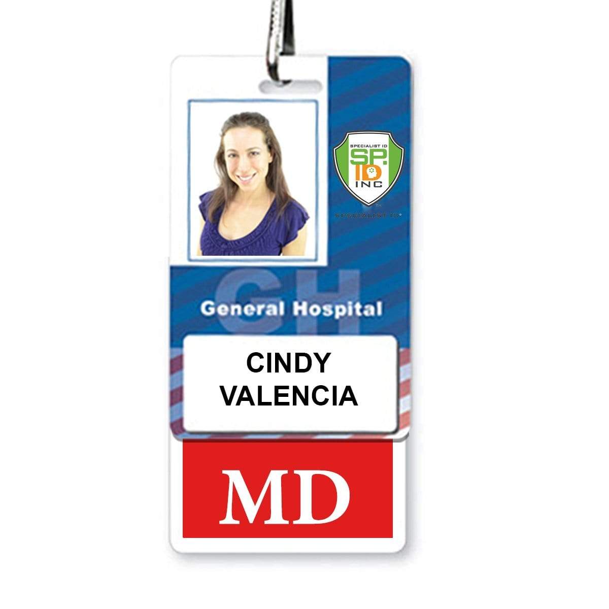 MD Vertical Badge Buddy with RED Border for Cindy Valencia, MD, featuring her photo, a General Hospital logo, and MD designation.