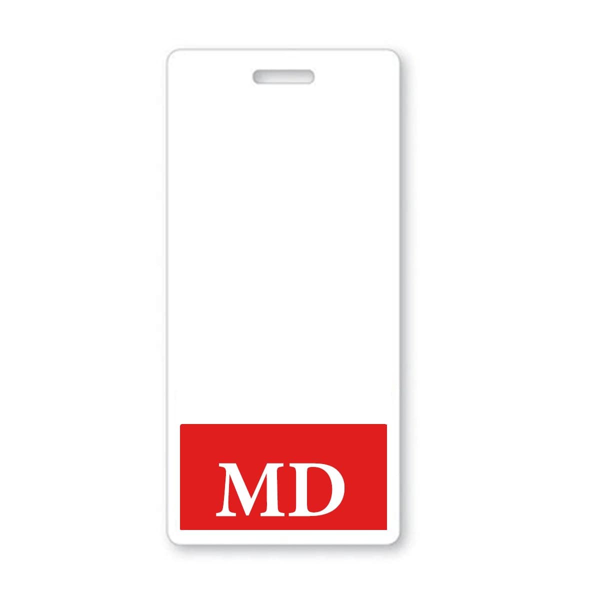 A white identification badge with a red section at the bottom containing the letters "MD" in white, making it an ideal hospital badge accessory for any MD Vertical Badge Buddy with RED Border.