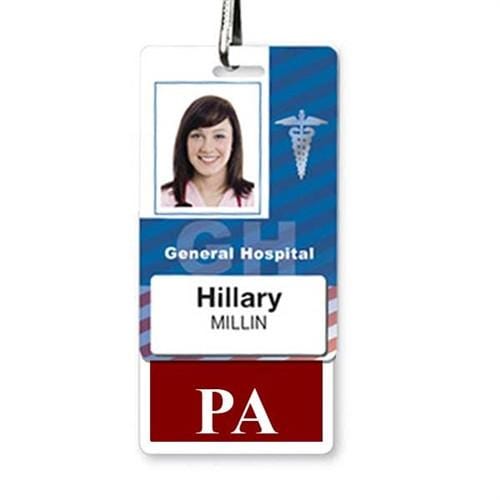 ID badge for General Hospital, featuring a photo of Hillary Millin identified with a "PA Vertical Badge Buddy with Maroon Border," indicating she is a Physician Assistant.