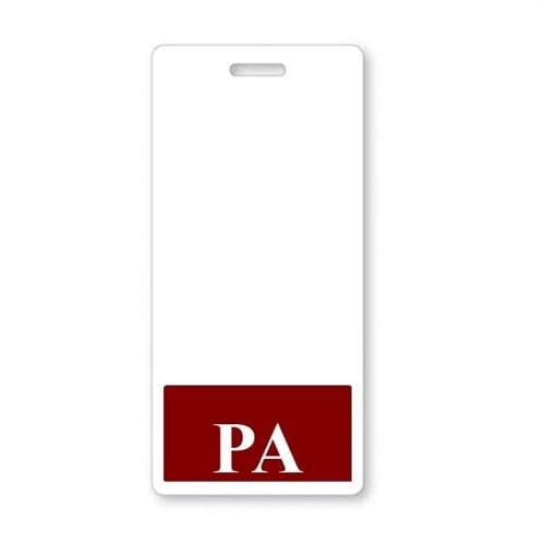 A white rectangular hospital badge with a slot at the top for attachment features "PA" in white text on a red background at the bottom, making it an ideal PA Vertical Badge Buddy with Maroon Border for Physician Assistants.