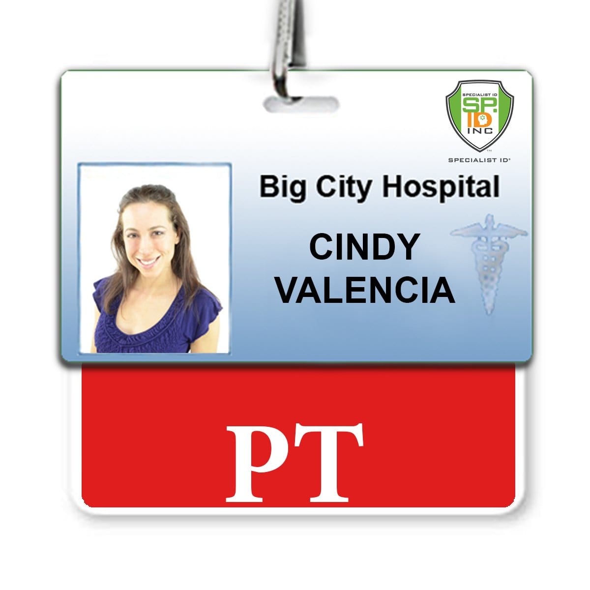 A hospital staff ID badge for Big City Hospital features the name "Cindy Valencia" and has a Physical Therapist "PT" Horizontal Badge Buddy with RED Border for clear role recognition in the bustling hospital environment.