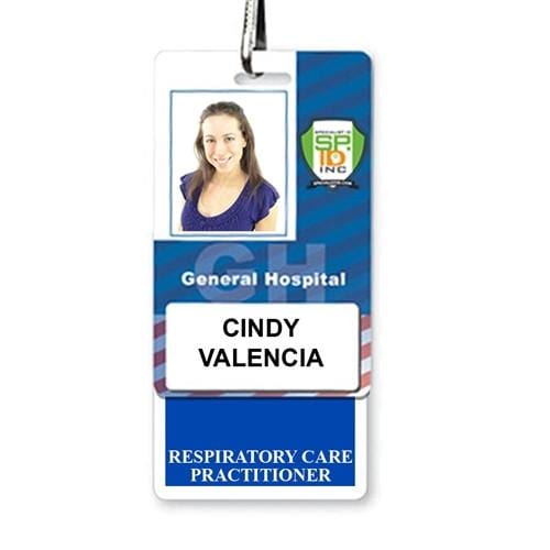 A hospital ID badge for "Cindy Valencia," a Respiratory Care Practitioner at General Hospital, featuring her photo and identification details with a RESPIRATORY CARE PRACTITIONER Vertical Badge Buddy with Blue Border for easy recognition in the hospital setting.