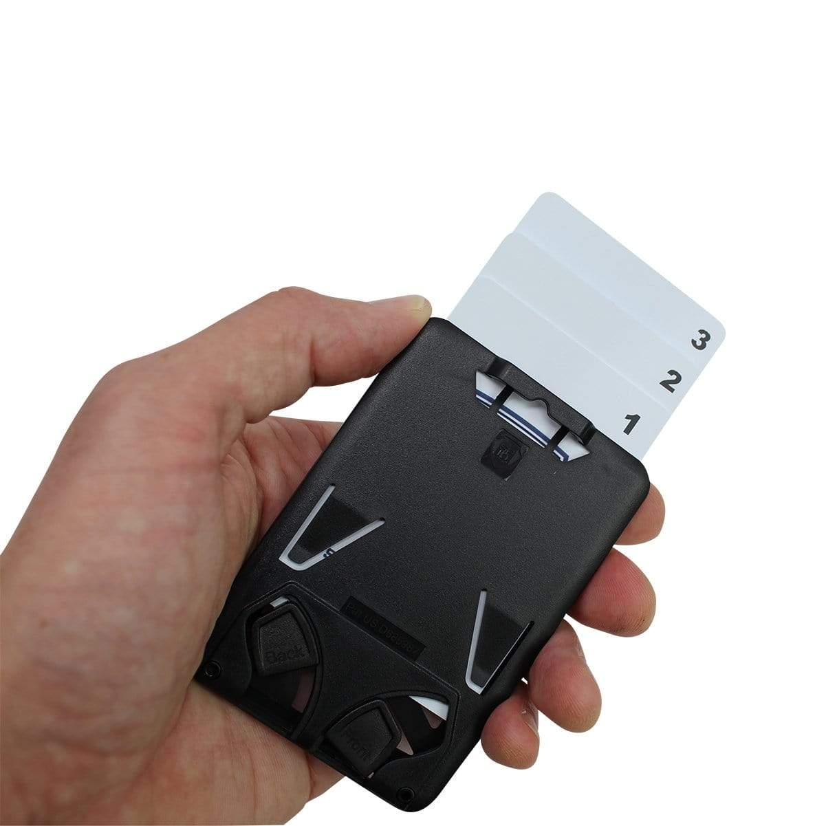 A hand holds a Hard Plastic 3 Card Badge Holder with Badge Reel - Retractable ID Lanyard Features Belt Clip & Carabiner - Rigid Vertical CAC Holder - Top Load Holds Three Cards by SpecialistID with three white cards labeled 1, 2, and 3 partially inserted into the top.