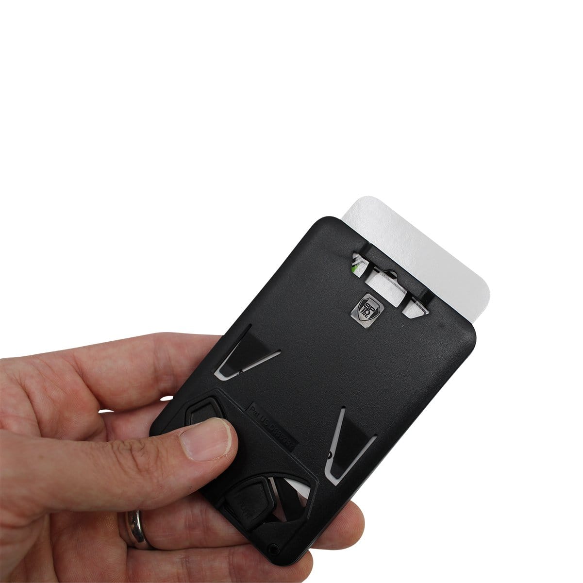 A hand holding a black, slim multi-tool device with a white card inserted into the Hard Plastic 3 Card Badge Holder with Badge Reel - Retractable ID Lanyard Features Belt Clip & Carabiner - Rigid Vertical CAC Holder - Top Load Holds Three Cards by SpecialistID.