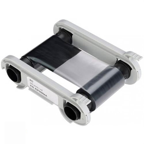 A plastic ribbon cartridge with black and white Evolis R2F010NAA KO Monochrome Ribbon, encased in white housing, ideal for use in card printers like the Evolis R2F010NAA.
