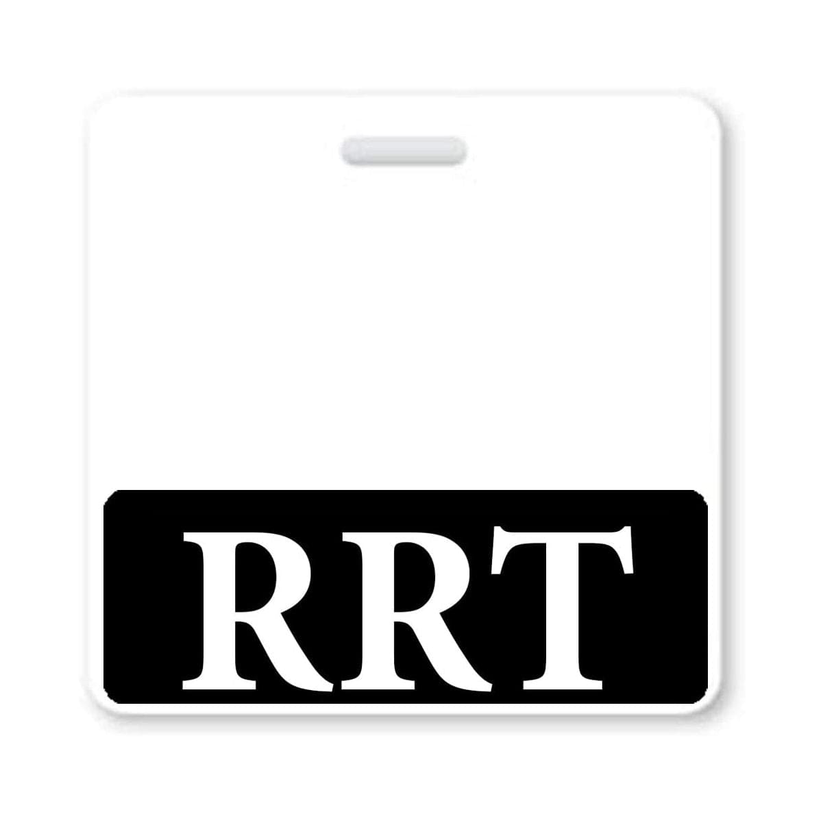 A white badge with a black bottom section displaying the letters "RRT" in white, crafted from the highest quality synthetic paper for durability. This "RRT" Horizontal Badge Buddy ensures clear role recognition in any professional setting.