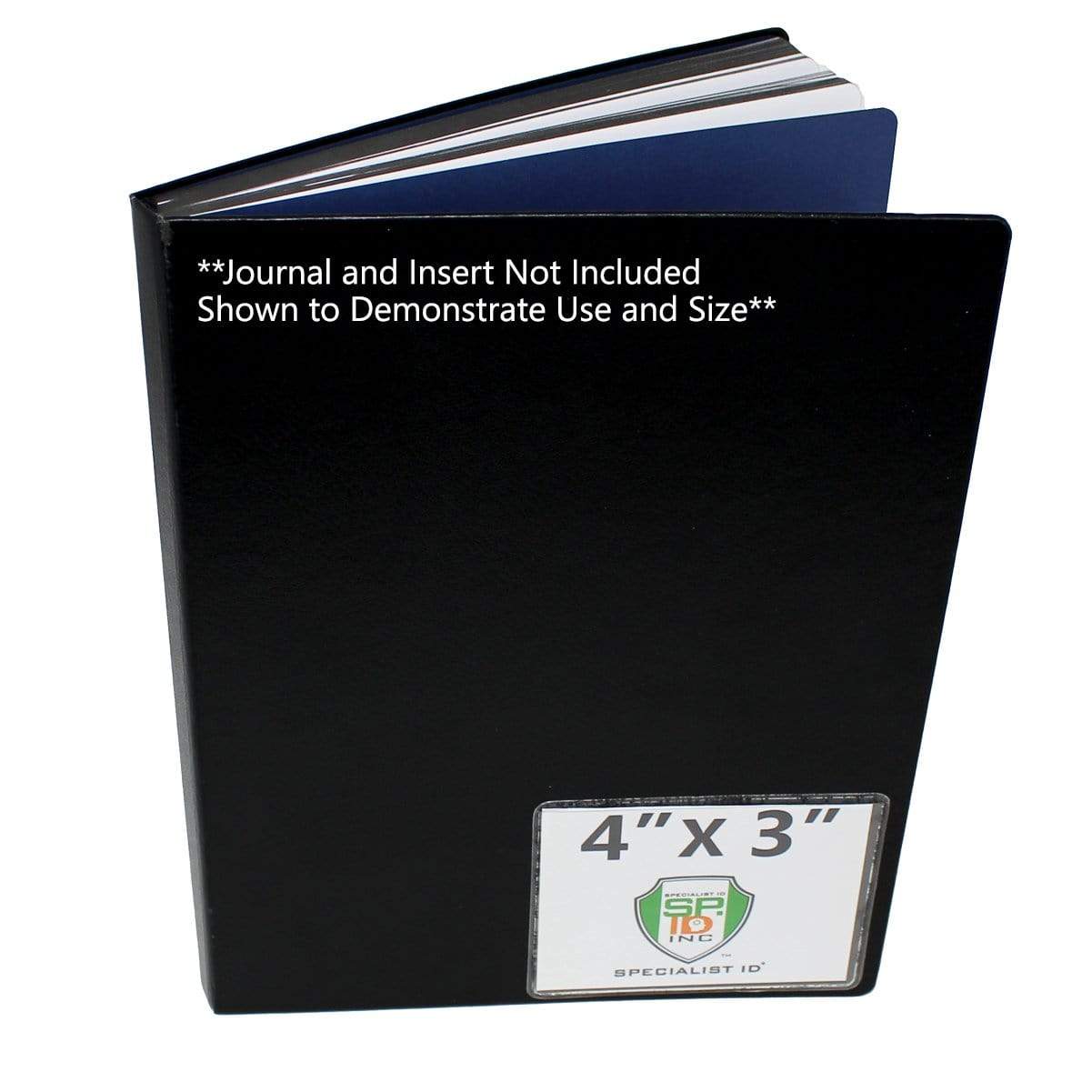 A black journal cover with a label displaying dimensions of 4"x 3". The image text notes, "Journal and Insert Not Included, Shown to Demonstrate Use and Size." Ideal for use with Large 4 x 3 Adhesive Badge Holders with Sticky Back - Clear Vinyl Parking Pass Holders for Windshield (CE-4P).