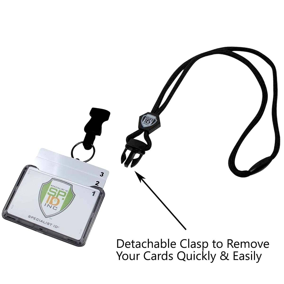 A Specialist ID Horizontal 3 Card Badge Holder & Heavy Duty Lanyard with Breakaway Clip and Key Ring - Hard Plastic Rigid Name Tag Protector -Top Load for Three Badges is shown next to a clear badge holder containing cards numbered 1, 2, and 3. Text reads: "Detachable Clasp to Remove Your Cards Quickly & Easily". Perfect for professional work wear.