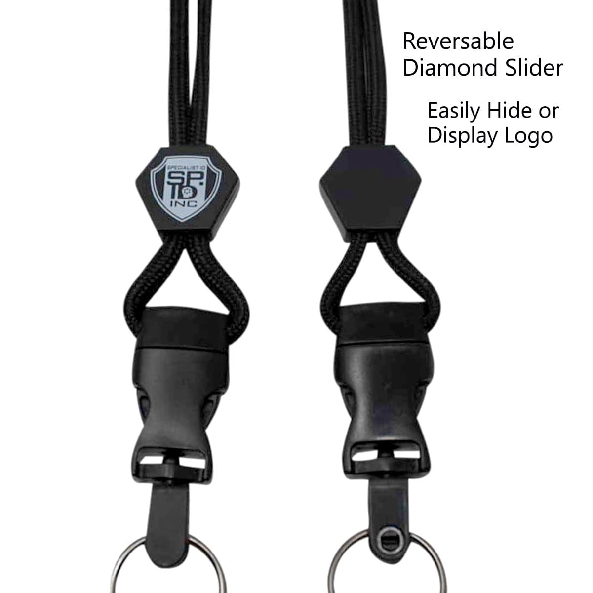 Two black Specialist ID Horizontal 3 Card Badge Holder & Heavy Duty Lanyard with Breakaway Clip and Key Ring - Hard Plastic Rigid Name Tag Protector - Top Load for Three Badges, allowing for the logo to be easily displayed or hidden. Perfect as a professional work wear accessory or badge holder.