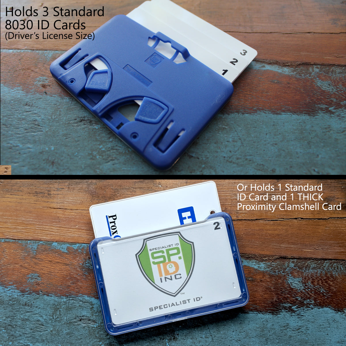 Blue badge holder shown with three standard ID cards and one thick proximity clamshell card on a wooden surface. Text indicates compatibility with up to three standard ID cards or one clamshell card, making it an ideal accessory for professional work wear. Specialist ID Horizontal 3 Card Badge Holder & Heavy Duty Lanyard with Breakaway Clip and Key Ring - Hard Plastic Rigid Name Tag Protector - Top Load for Three Badges shown as an example.