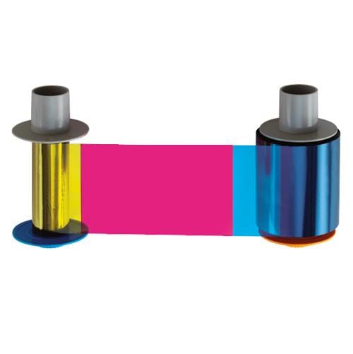 Roll of Fargo 84811 Color Ribbon - YMCK - 500 prints with yellow, magenta, and cyan segments stretched between two spools against a white background. Ideal for Fargo HDP8500 ID card printers, this genuine Fargo replacement part ensures vibrant and reliable printing results.